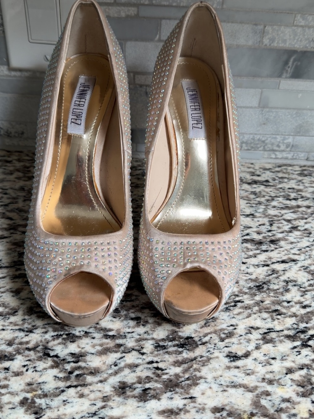 Jennifer Lopez Blush Nude Crystal Peep-Toe Heels